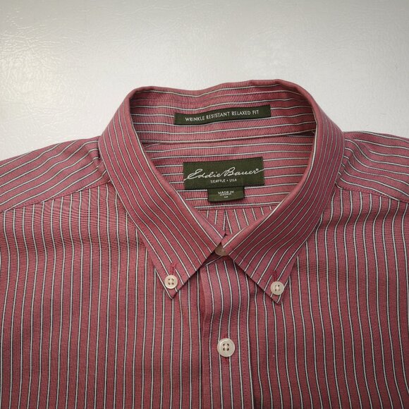 Eddie Bauer Men's Size Medium Relaxed Fit Wrinkle Resistant Rose Striped Shirt - Picture 4 of 12